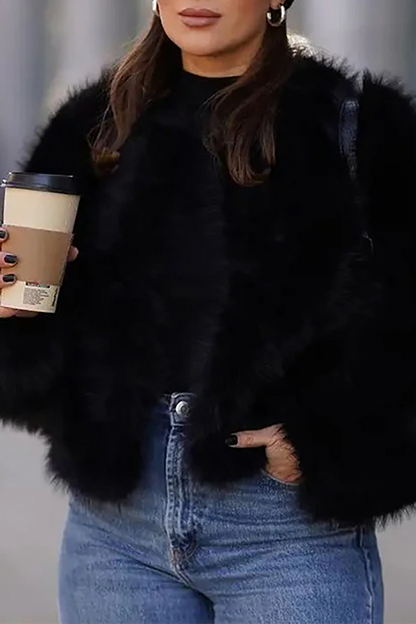 Fuzzy Long Sleeve Faux Fur Crop Coat-Coffee