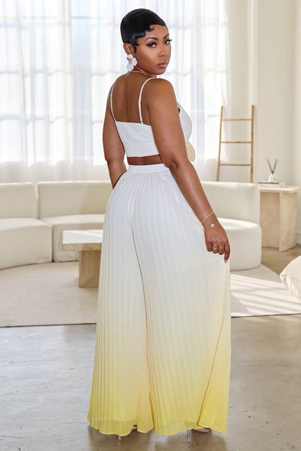 V Neck Sash Cami Top Ombre Wide Leg Pants Vacay 2pcs Set-Blue [Pre Order]