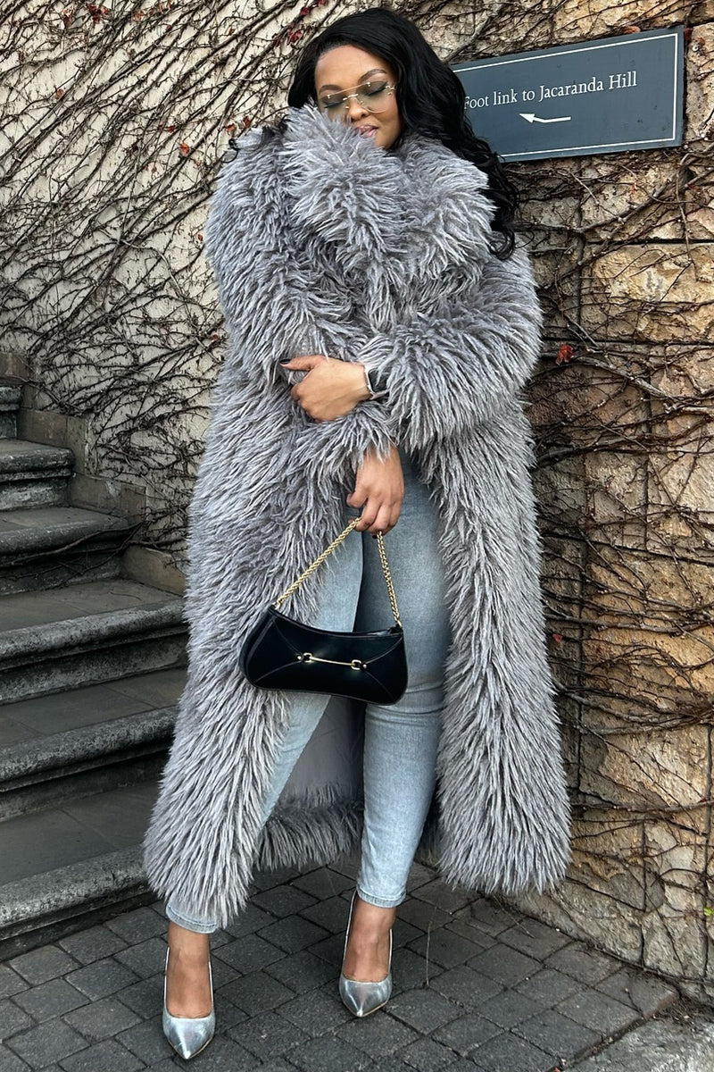 Shawl Collar Long Sleeve Front Opened Faux Fur Long Coat-Gray [Pre Order]