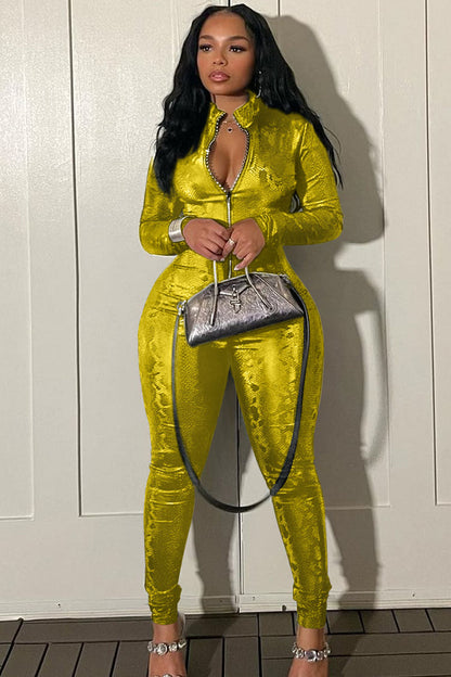 Snake Pattern Long Sleeve Zipper Slim Fit Jumpsuit-Black