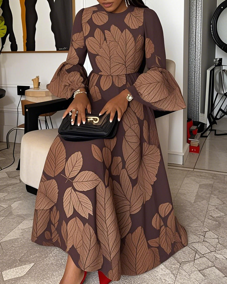 Women Fashion Elegant Formal Round Neck 3/4 Sleeves Leaf Pattern Maxi Dress