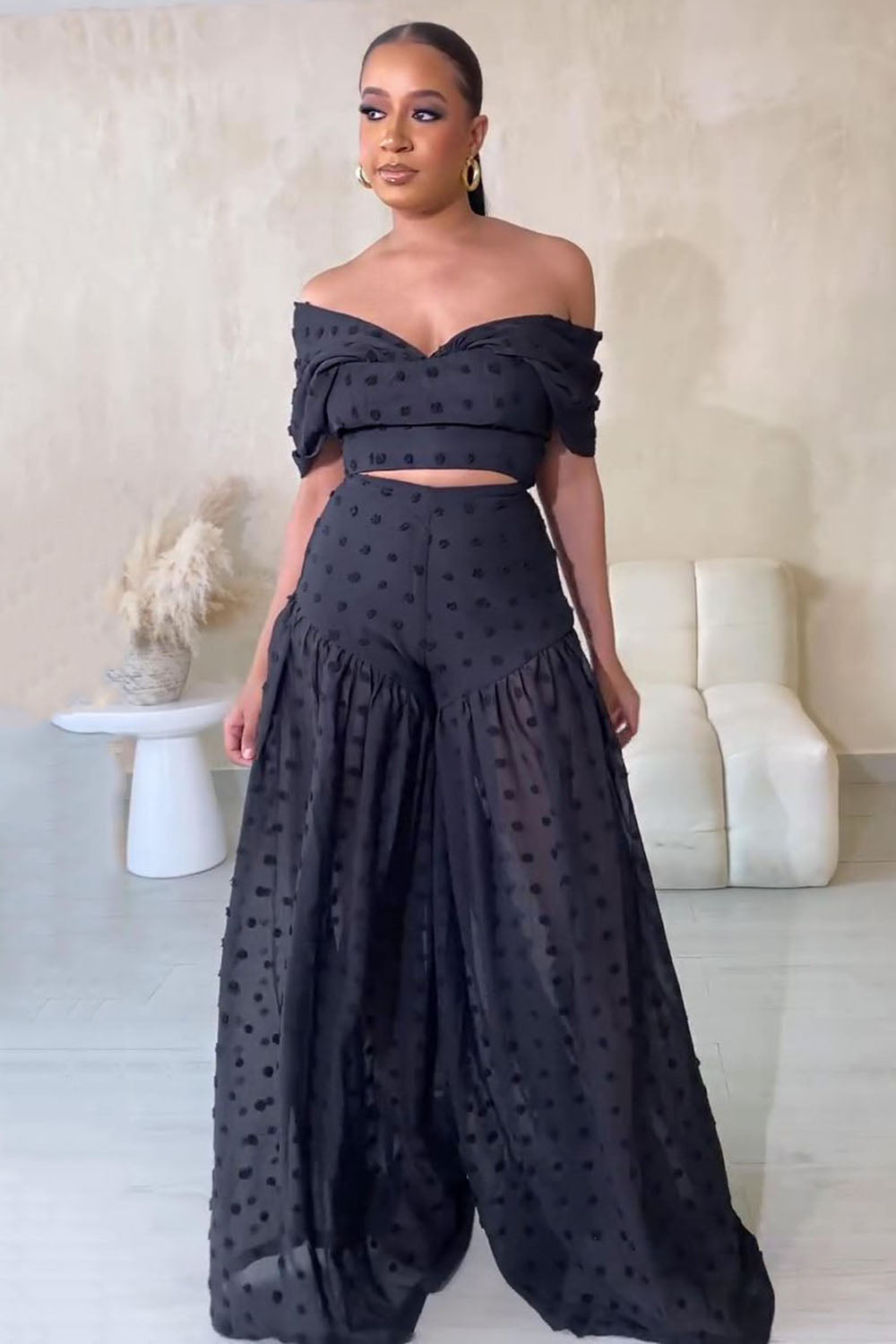 Polka Dot Off Shoulder Crop Top Wide Leg Pants 2pcs Set-Black [Pre Order]