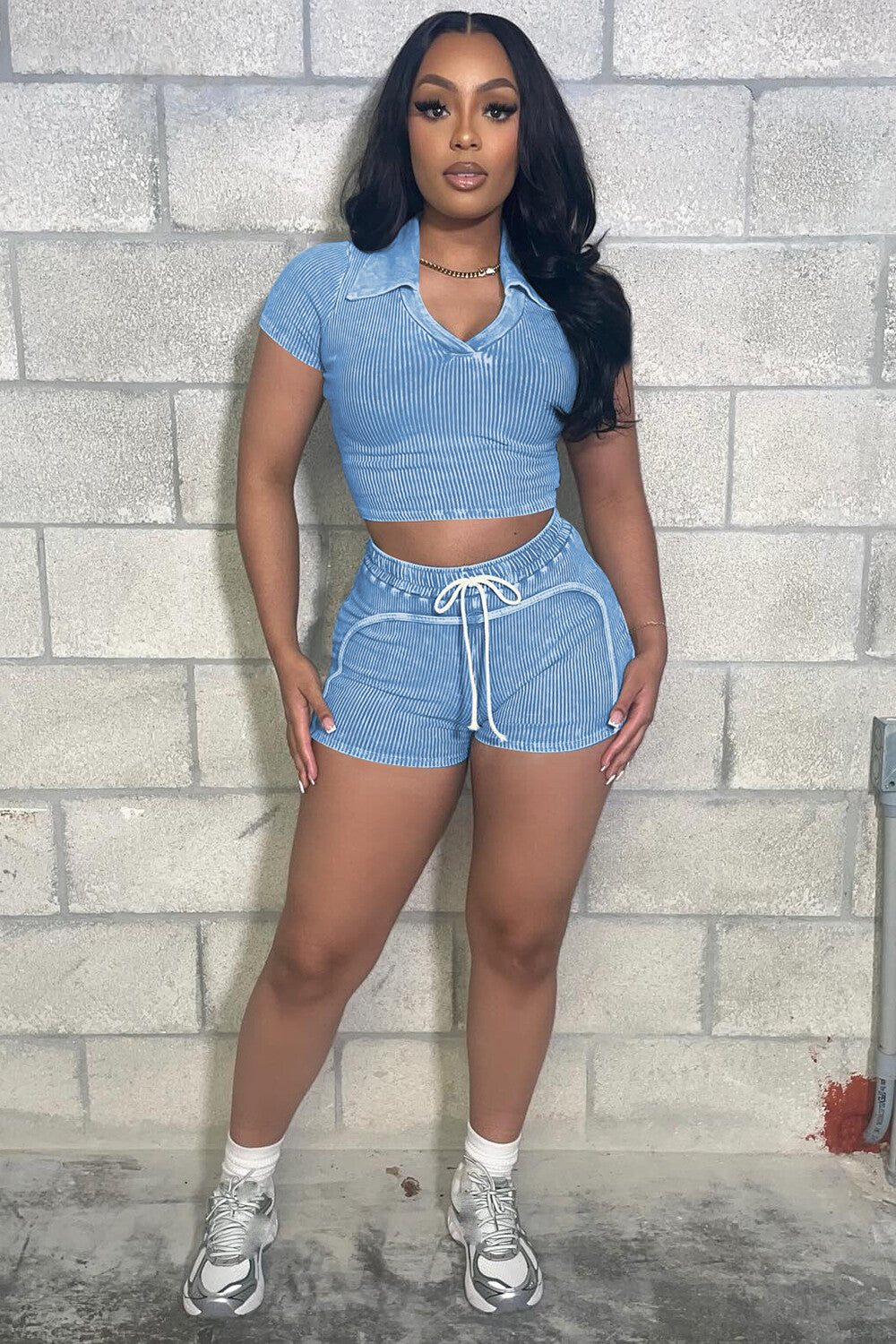 Pleated Solid Color Knit Short Sleeve Crop Top Tie Up Shorts 2pcs Set-Khaki