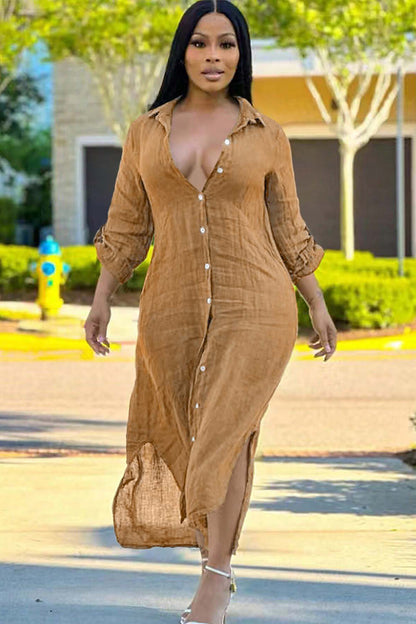 Solid Color Button Up Long Sleeve Slit Midi Shirt Dresses-Green