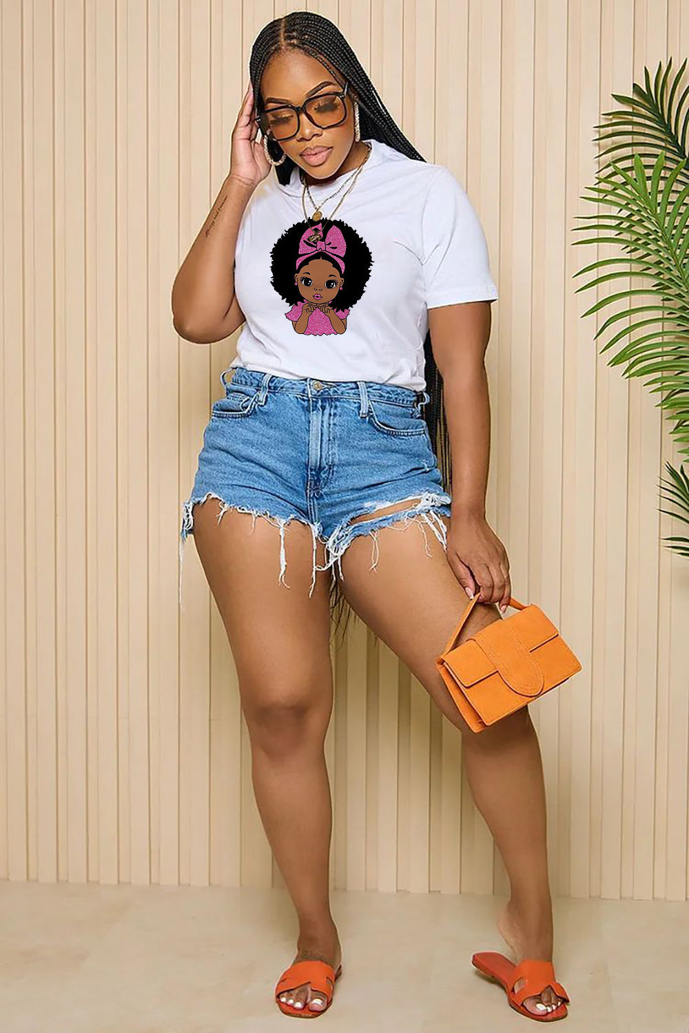 LORAGAL Ribbon Black Girl Print Short Sleeve Casual T-Shirt-White