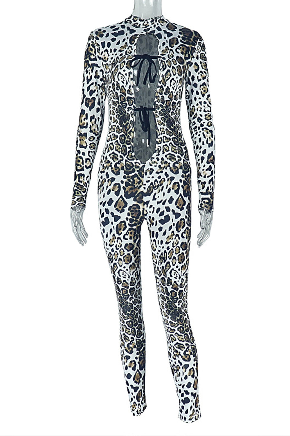 Cutout Tie Up Leopard Print Long Sleeve Slim Fit Jumpsuit-Brown