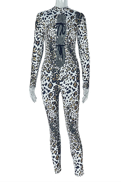 Cutout Tie Up Leopard Print Long Sleeve Slim Fit Jumpsuit-Brown