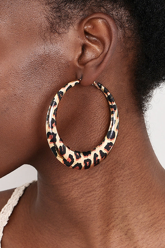 Leopard Print Round Shaped Fashionable Alloy Hoop Earrings