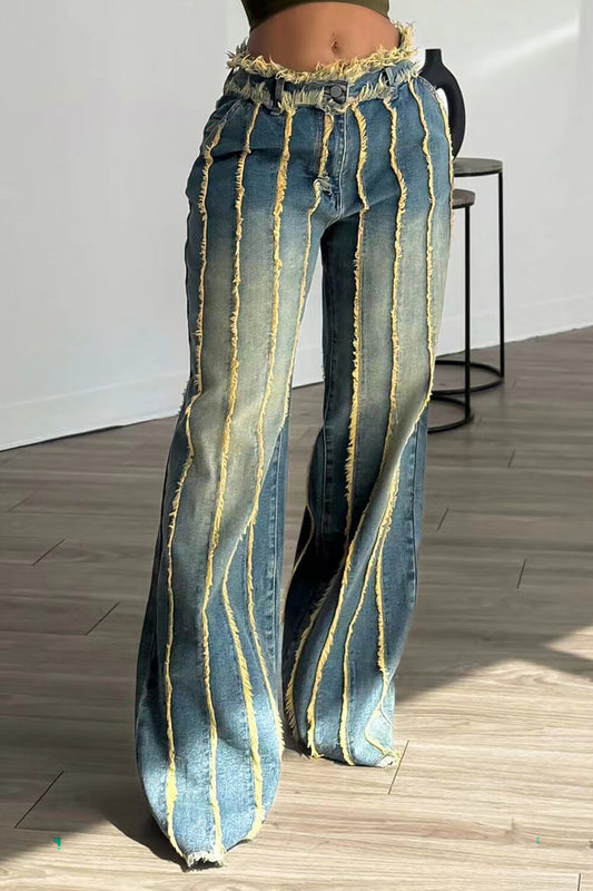 Raw Edge Distressed Denim High Waist Wide Leg Jeans-Blue