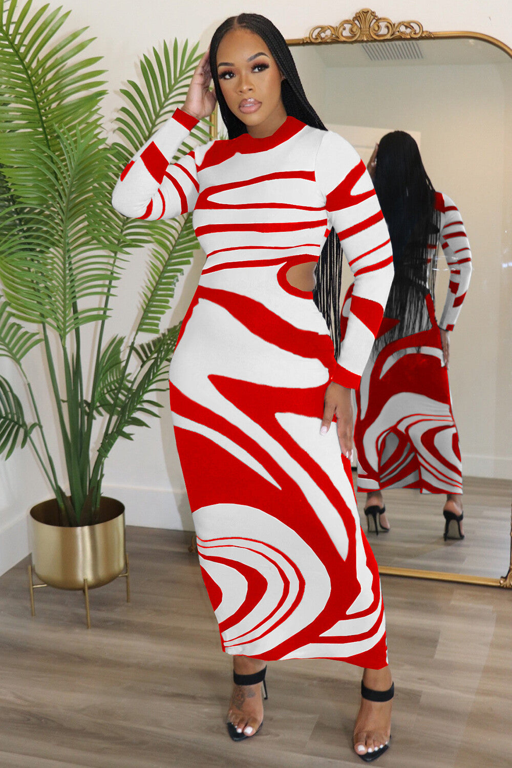 Knit Geometric Print Long Sleeve Cutout Bodycon Sweater Maxi Dresses-Black