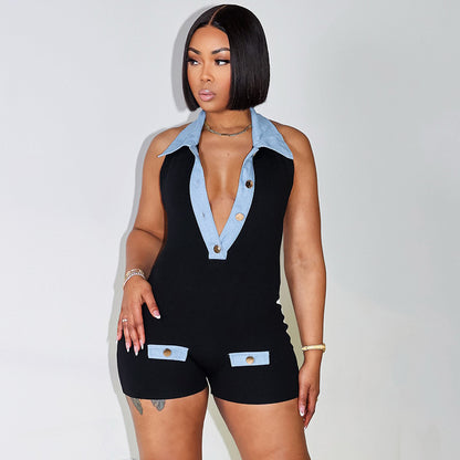 Design Sense Niche Denim Contrast Colors Slimming Summer Women's Short Jumpsuit