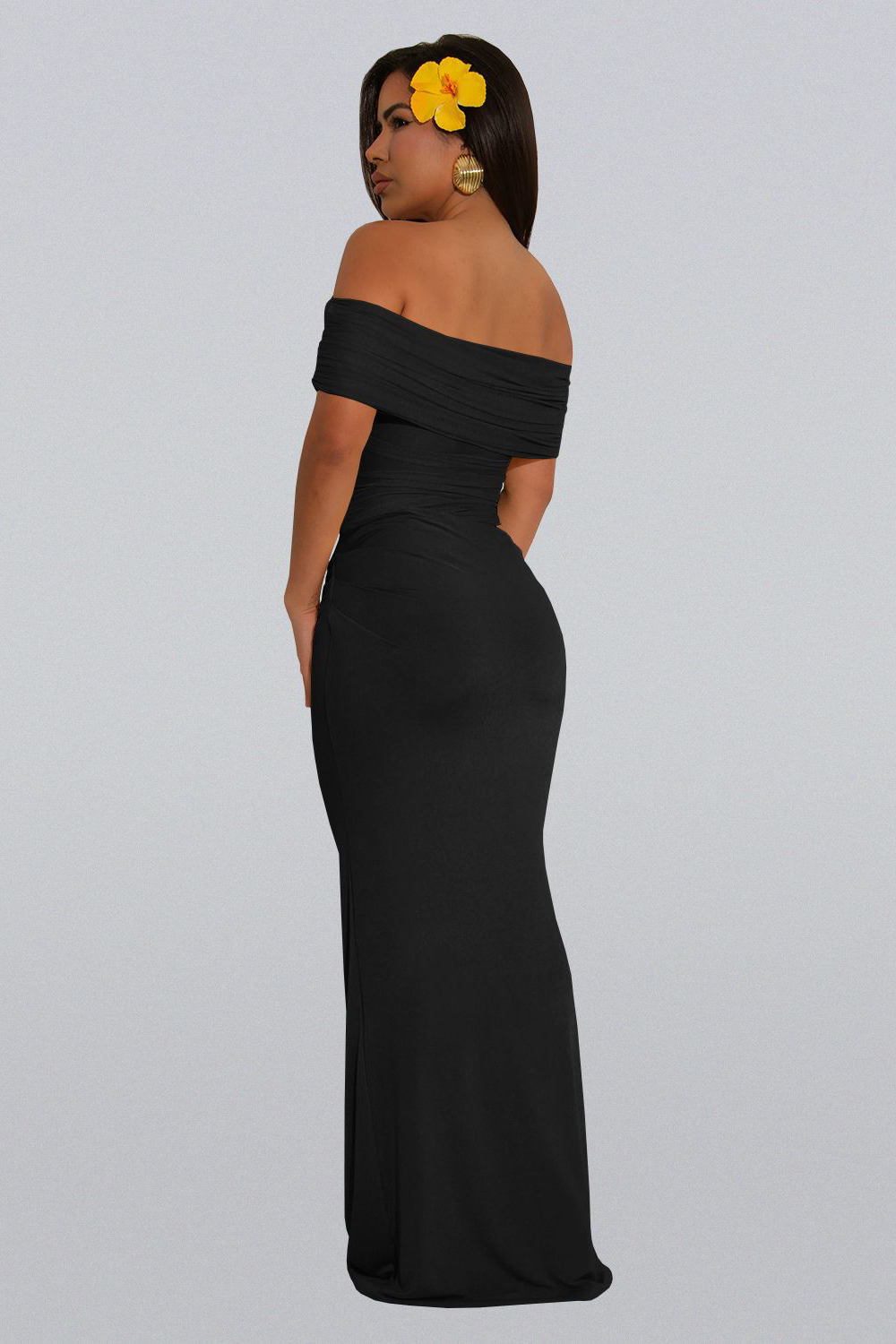 Off Shoulder Ruched Mesh Patchwork Cutout Slim Fit Plain Maxi Dresses-Yellow