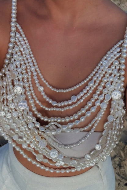 Simulated Pearls Fringed Body Chain Halter Crop Top-White