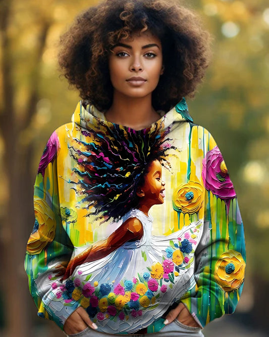 Black Girl Flower Oil Painting Art Printed Hoodie