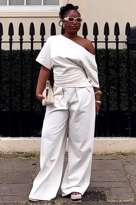 One Shoulder Boat Neck Top Wide Leg Pants Daily 2pcs Set-White [Pre Order]