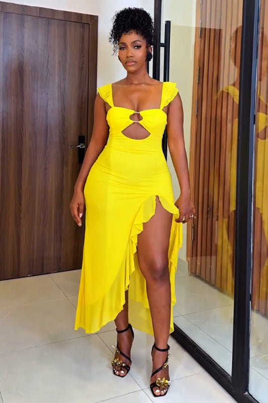 Flutter Sleeve Cutout Ruffle Slit Vacation Midi Dresses-Yellow [Pre Order]