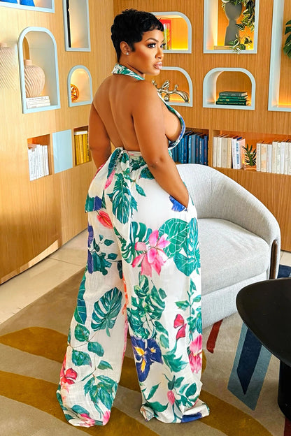Deep V Halter Neck Floral Print Vacay Wide Leg Jumpsuit-White [Pre Order]