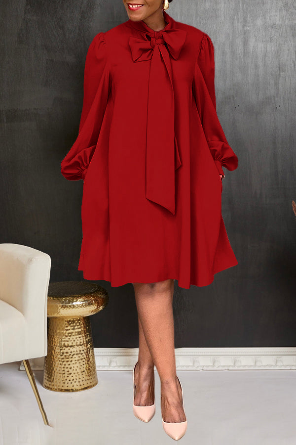 Bow-Knot Lantern Sleeve Midi Dress