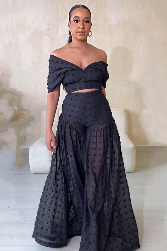 Polka Dot Off Shoulder Crop Top Wide Leg Pants 2pcs Set-Black [Pre Order]