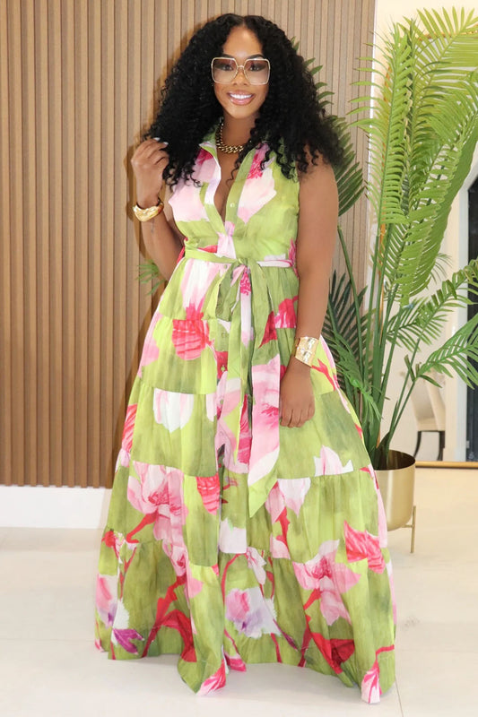 Floral Print Tiered Button Up Sleeveless Maxi Dresses-Green [Pre Order]