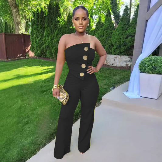Sleeveless Tube Top Sheath Stretchy Wide-Leg Jumpsuit