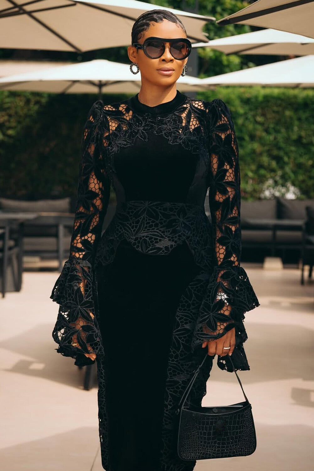 Lace Patchwork Velvet Flare Sleeve Fitted Gowns Maxi Dresses-Black [Pre Order]