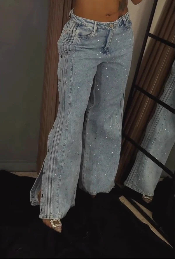 High-Waisted Rhinestone Embellished Side Button Jeans