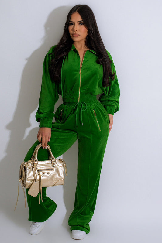 Velvet Turndown Collar Crop Track Jacket Solid Color Pants 2pcs Set-Green