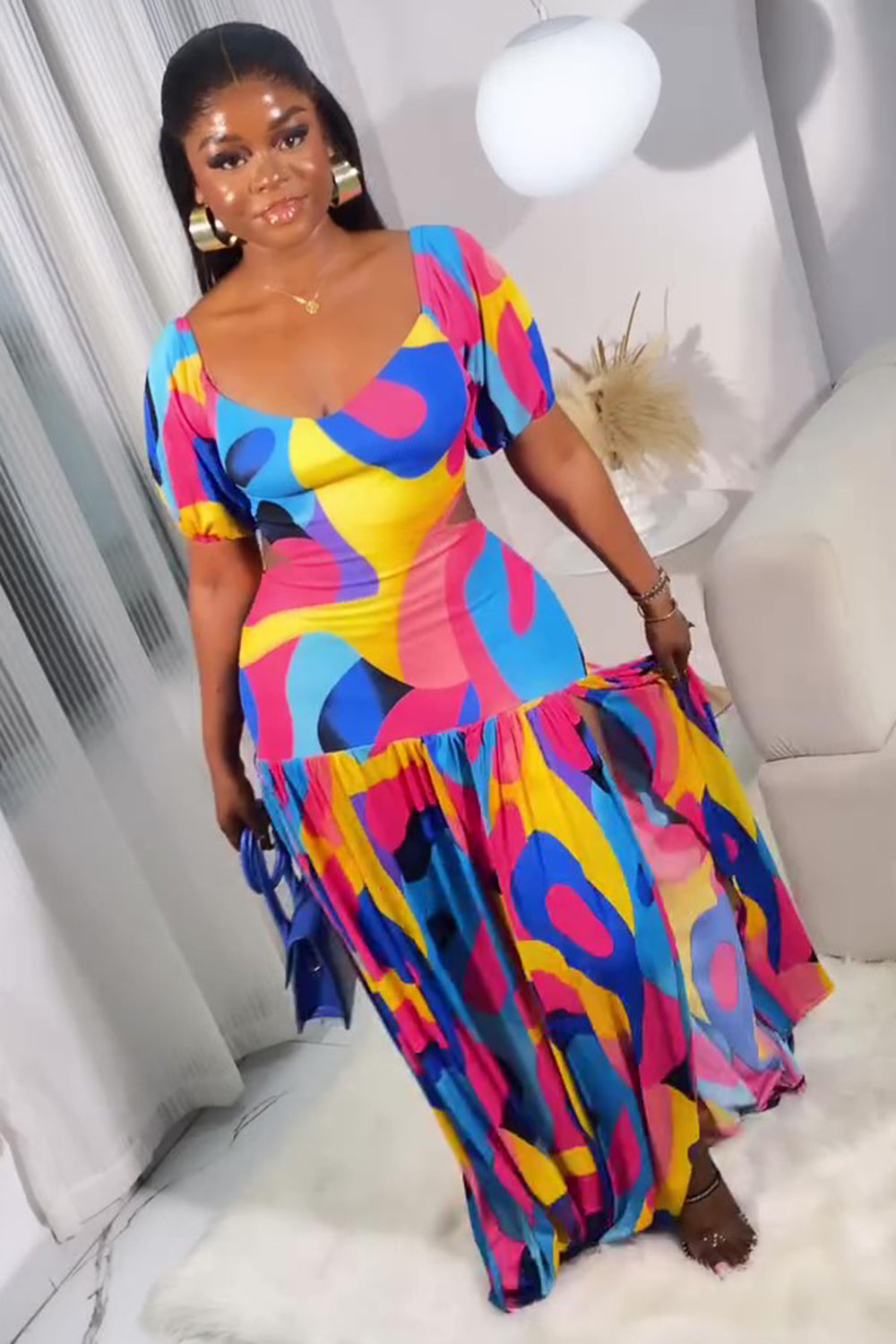Geometric Print Puff Sleeve Slit Hem Maxi Dresses-Multicolor [Pre Order]