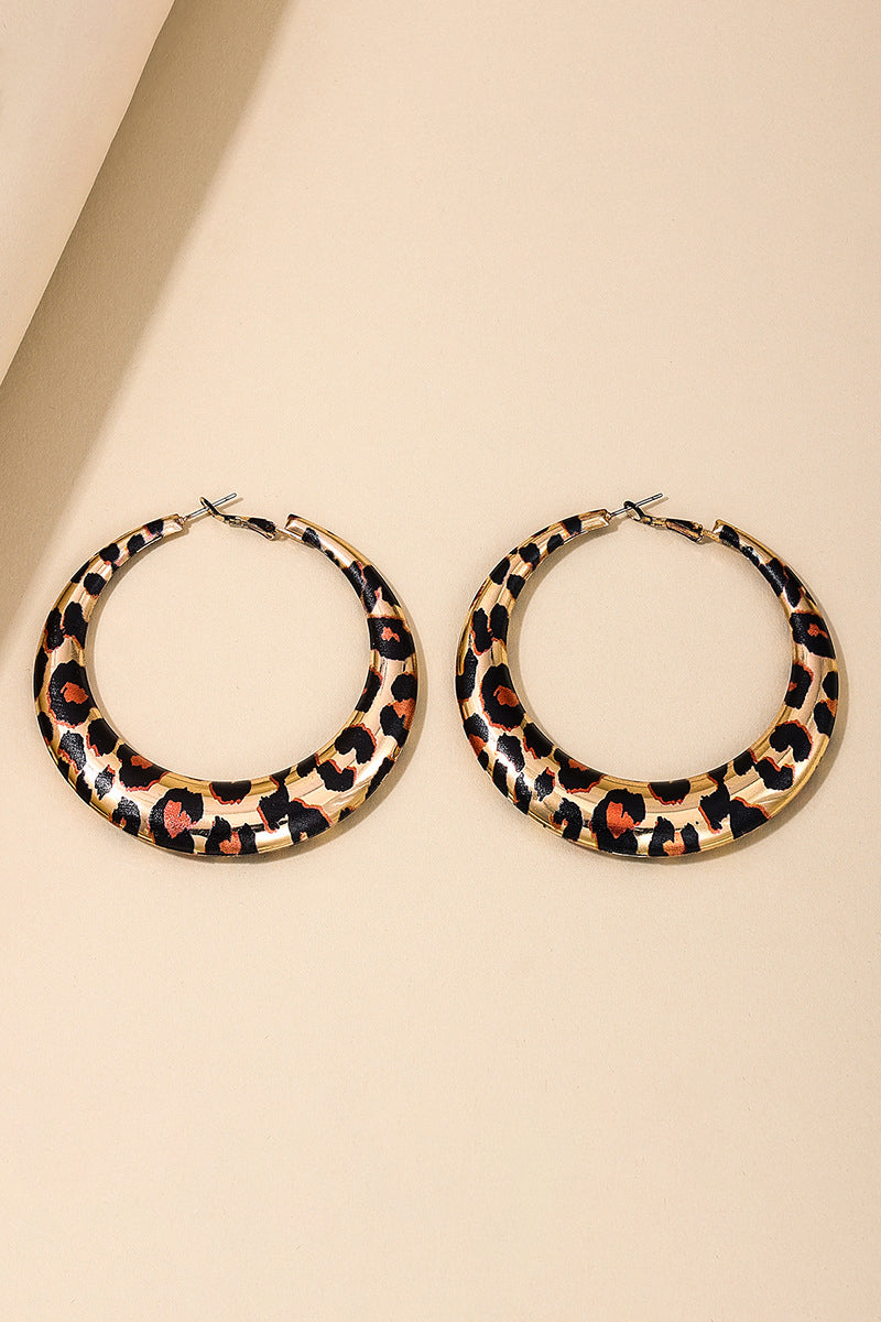 Leopard Print Round Shaped Fashionable Alloy Hoop Earrings