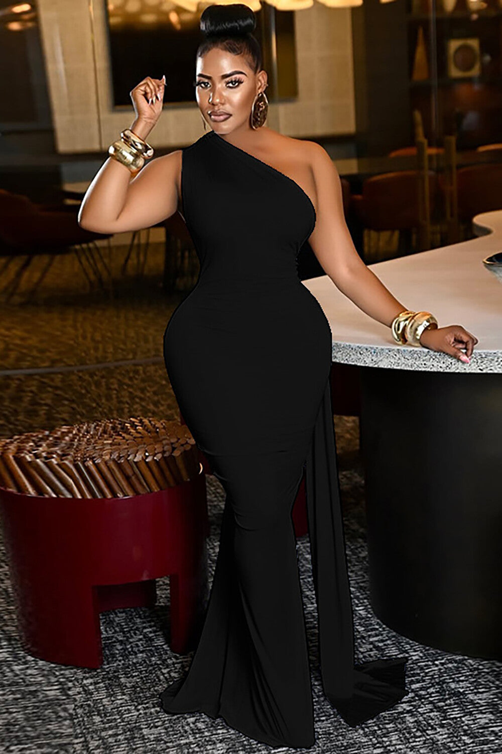 One Shoulder Bodycon Streamer Design Backless Gowns Maxi Dresses-White