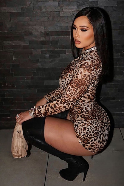 Leopard Print Long Sleeve Slim Fit Playsuit Romper-Brown