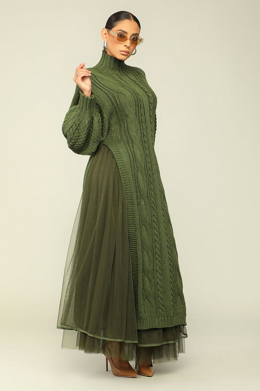 Weave Pattern Knit Lantern Sleeve Slit Maxi Dresses Tulle Maxi Skirt Matching Set