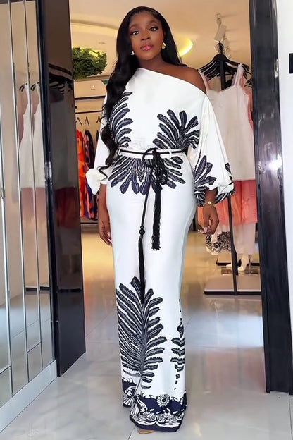 One Shoulder Bell Sleeve Placement Print Wide Leg Jumpsuit-White [Pre Order]