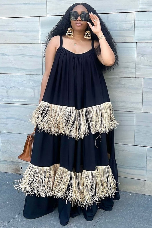 Tiered Fringe Loose-Fit Vacation Cami Maxi Tent Dresses-Black [Pre Order]