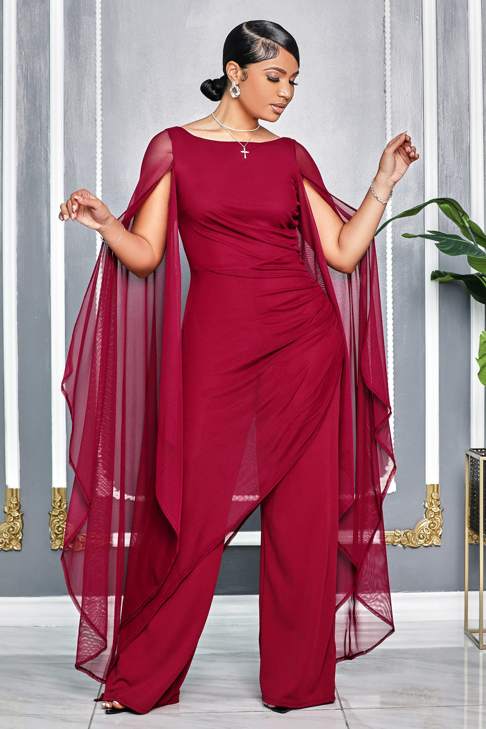 Boat Neck Mesh Slit Sleeve Asymmetric Layer Party Jumpsuit-Black [Pre Order]