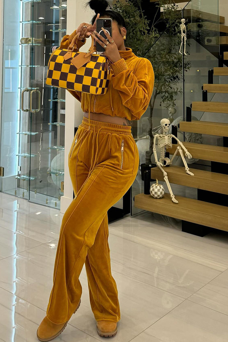 Zipper Jacket Drawstring Quilted Pants Velvet 2pcs Set-Yellow
