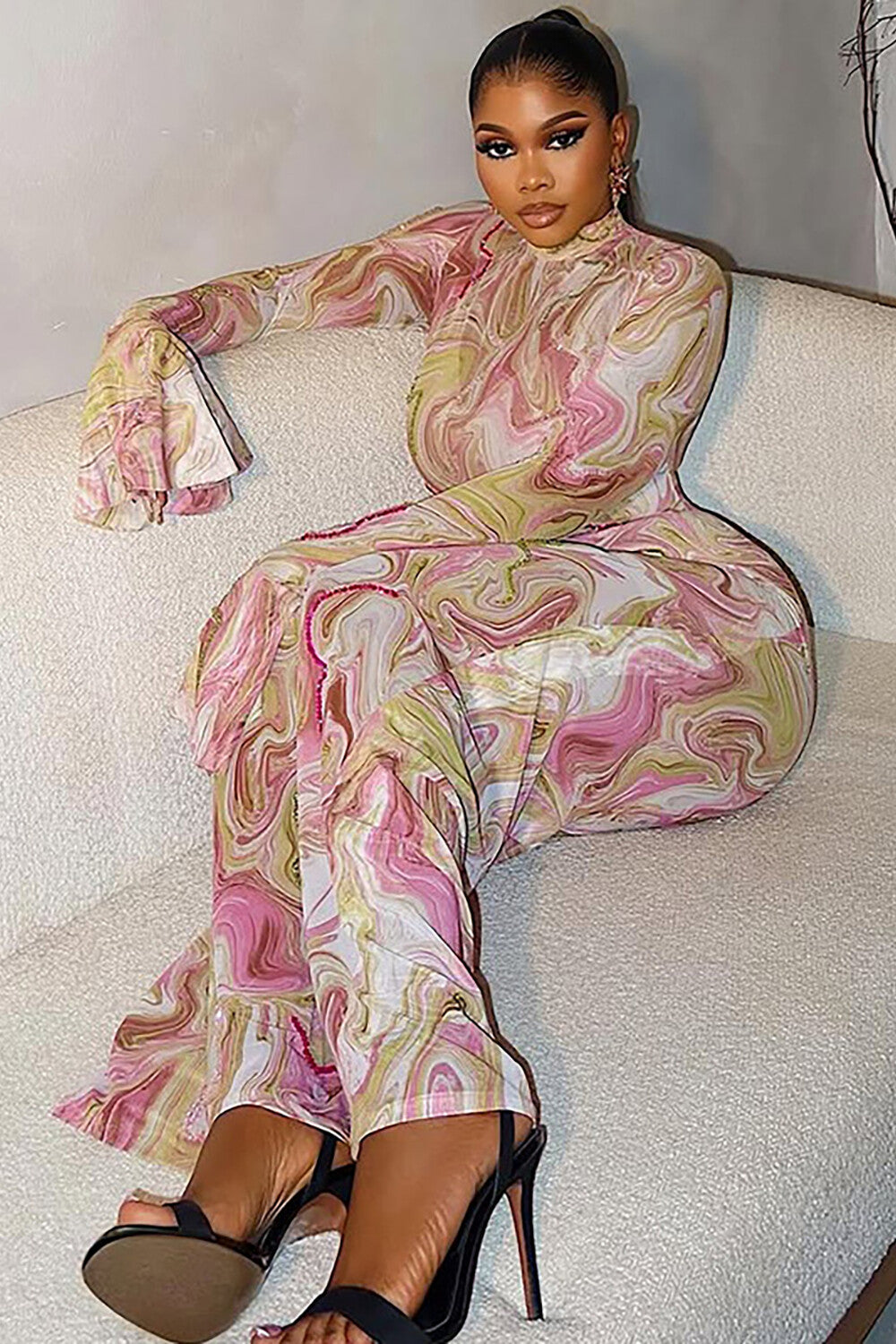 Marble Print Stand Collar Flare Sleeve Slim Fit Maxi Dresses-Pink
