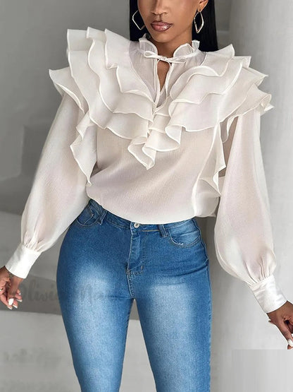 Loose Puff Sleeves Floral Gauze Lace-Up Pleated See-Through Solid Color Stand Collar Blouses