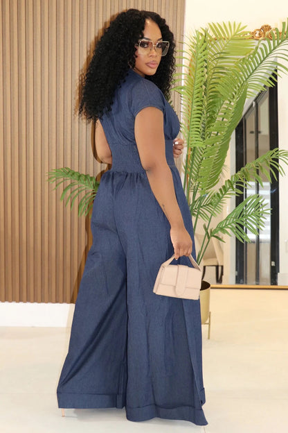 V Neck Cap Sleeve Cinched Daily Wide Leg Jumpsuit-Blue [Pre Order]