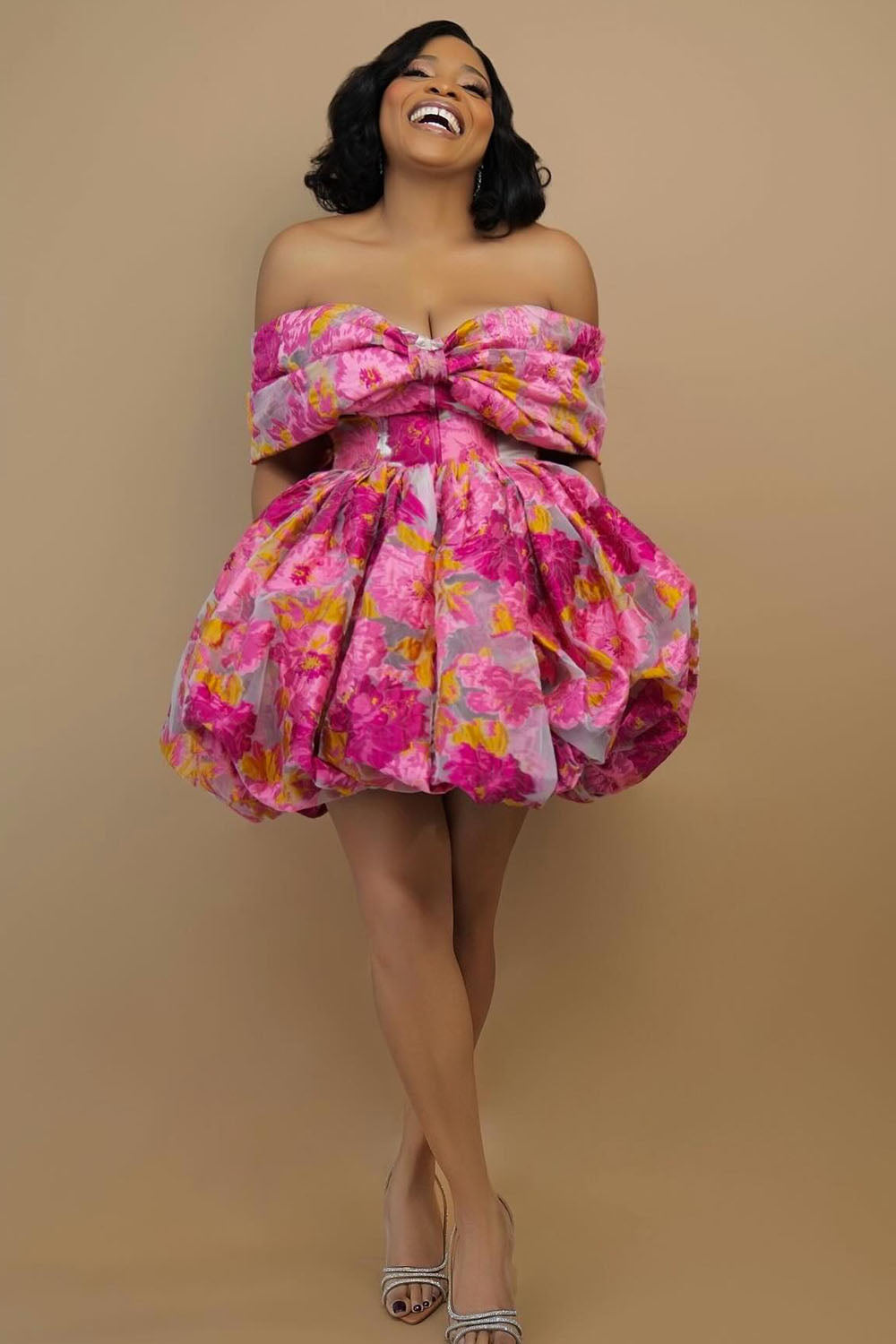 Off Shoulder Cinch Waist Floral Print Bubble Mini Dresses-Pink [Pre Order]