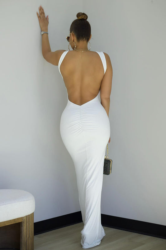 Backless Slim-Fit Sleeveless Solid Party Maxi Dresses-White [Pre Order]