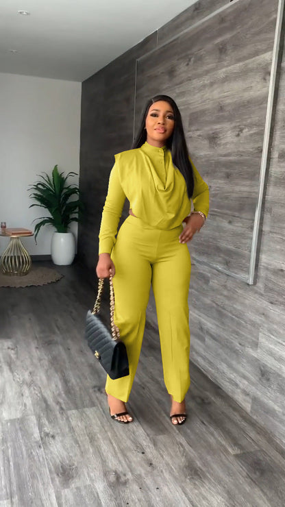 Button Turtleneck Long Sleeve Top Pants Set[Pre Order]