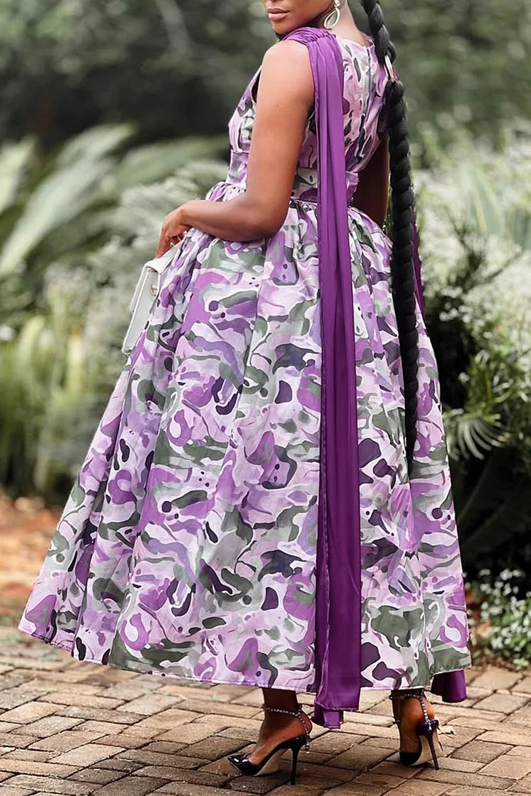 Plus Size Formal Purple Elegant All Over Print Boat Neck Pocket Satin Maxi Dresses [Pre-Order]