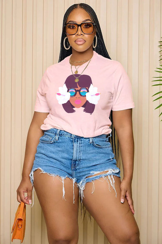 LORAGAL Cartoon Black Girl Print Short Sleeve Casual T-Shirt-Pink