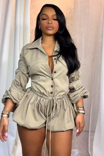 Turndown Collar Long Sleeve Button Up Tie Up Plain Playsuit Romper-Khaki