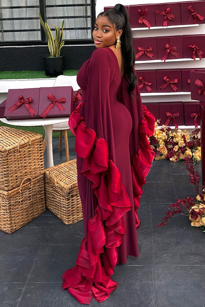 Bat-Wing Patchwork Ruffle Valentine's Party Maxi Dresses-Burgundy [Pre Order]