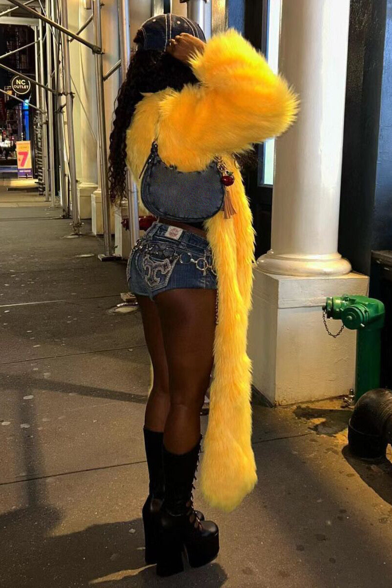Faux Fur Solid Color Plush Coat-Yellow