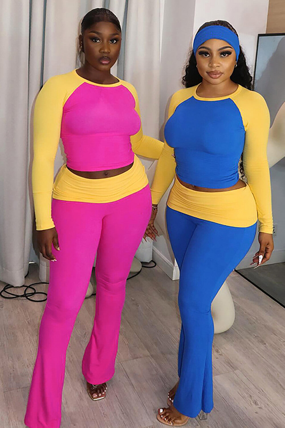 Colorblock Long Sleeve Round Neck Top Flared Pants Casual 2pcs Set-Fuchsia