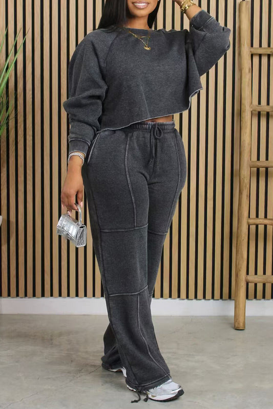 Solid Color Crop Sweatshirt High Waist Casual Pants 2pcs Set-Gray